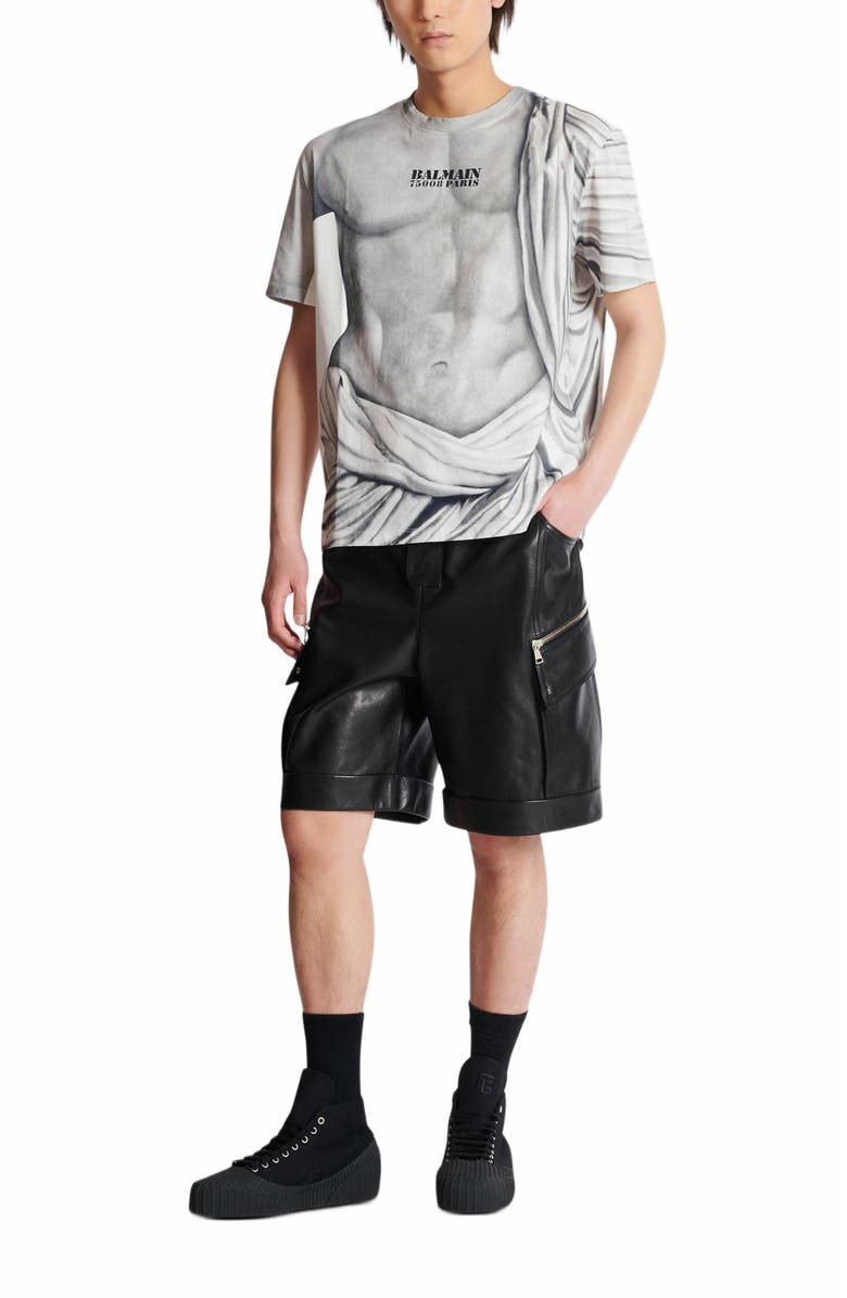 Balmain Logo T-Shirt With Statue Print, Alternate, color, Grey