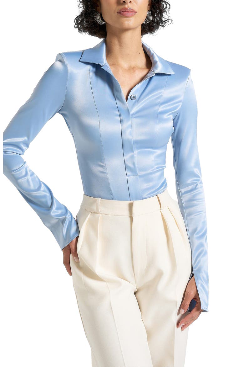 Louise Wide Shoulder Satin Shirt Bodysuit, Alternate, color, Pale Blue
