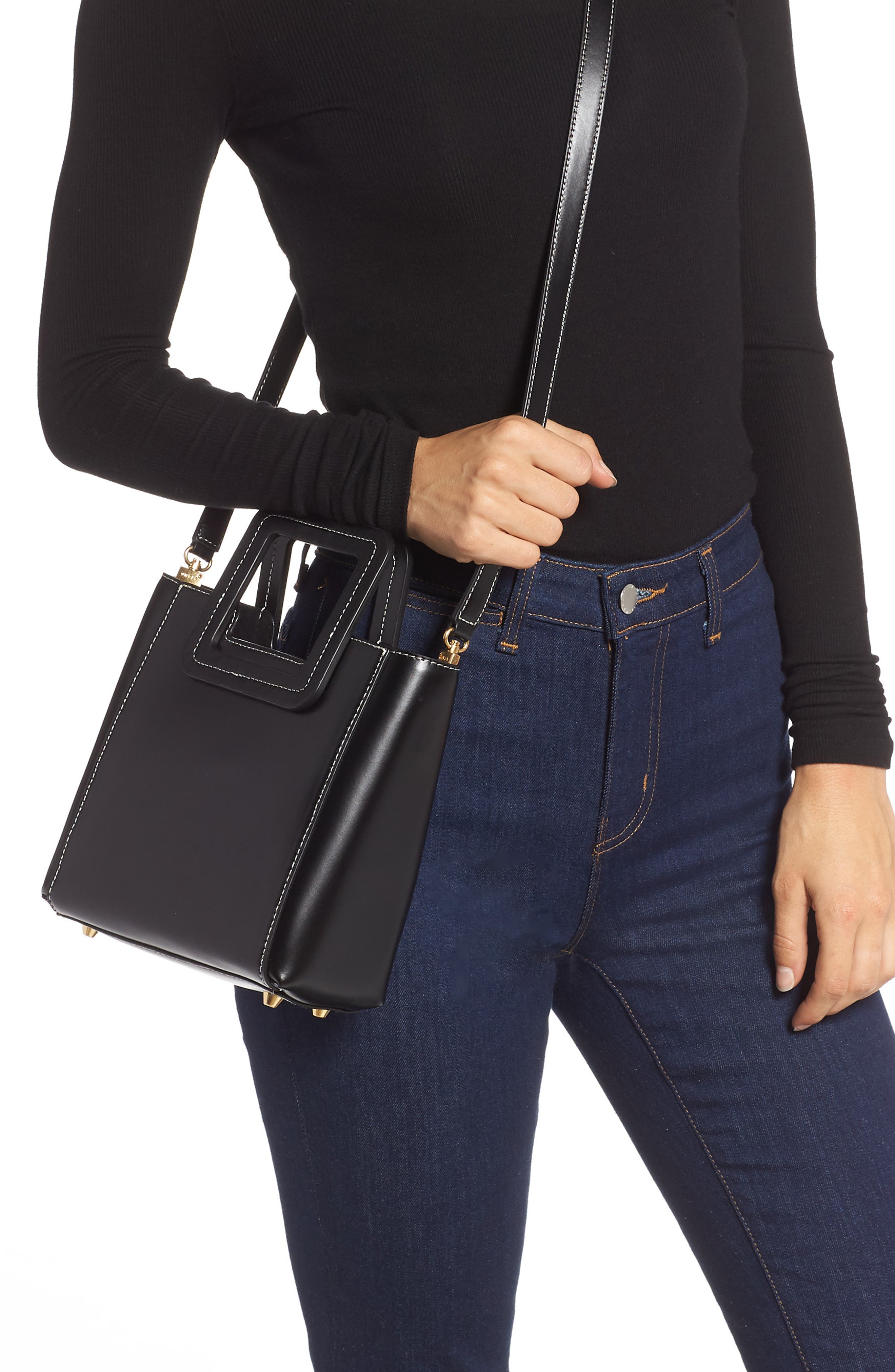 STAUD Mini Shirley Leather Satchel, Alternate, color, Black