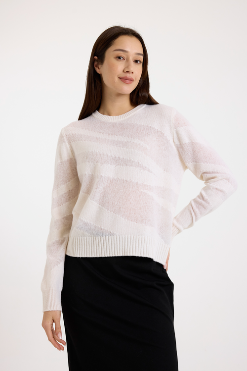 Brodie Pure Cashmere Mix Gauge Zebra Crew Neck Jumper In White