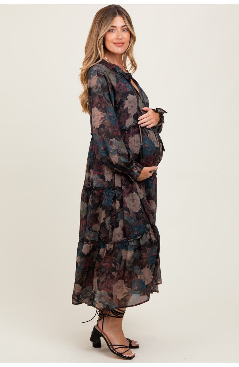 PinkBlush Floral Chiffon Ruffle Tiered Midi Dress, Alternate, color, Black