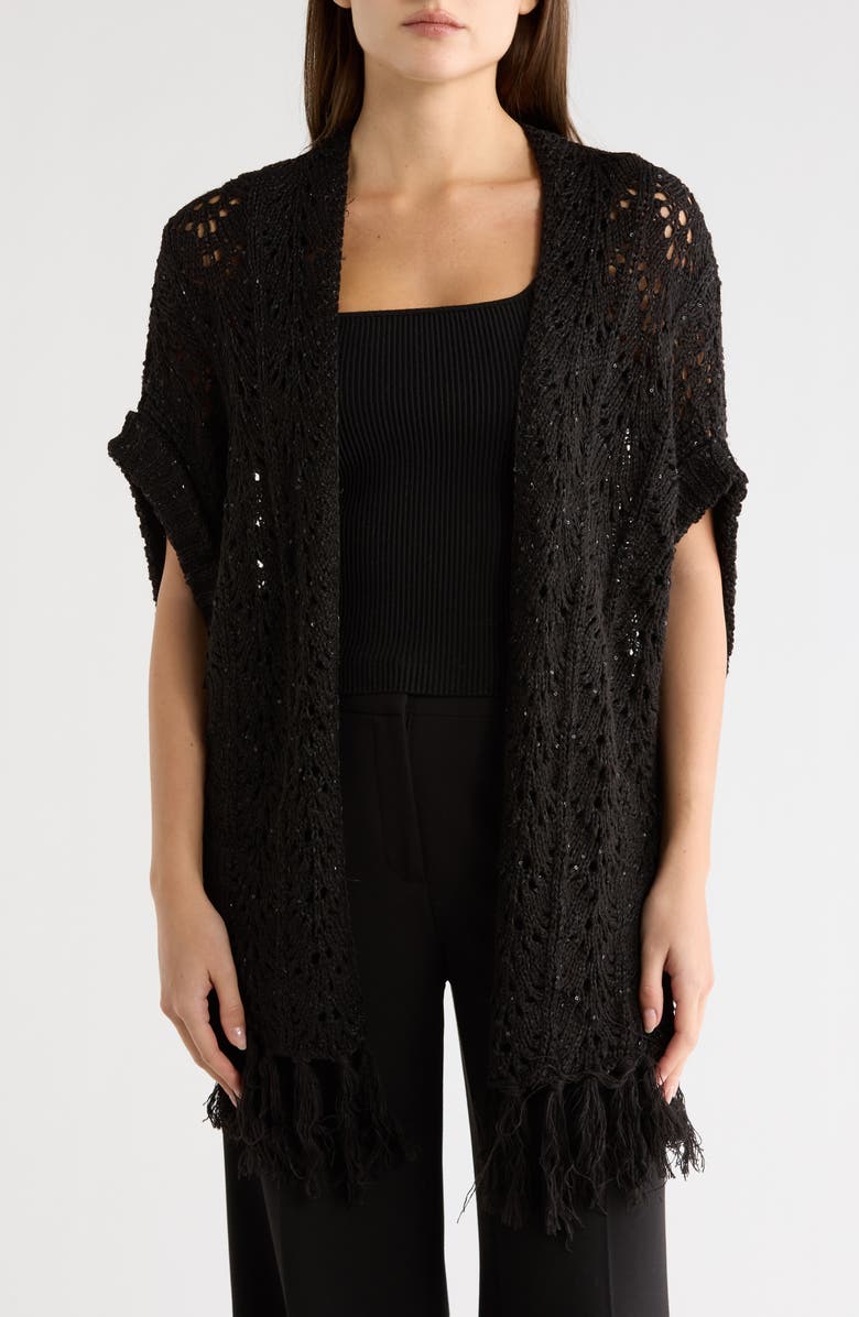Vince Camuto Sequin Open Knit Fringe Trim Shawl, Main, color, Black