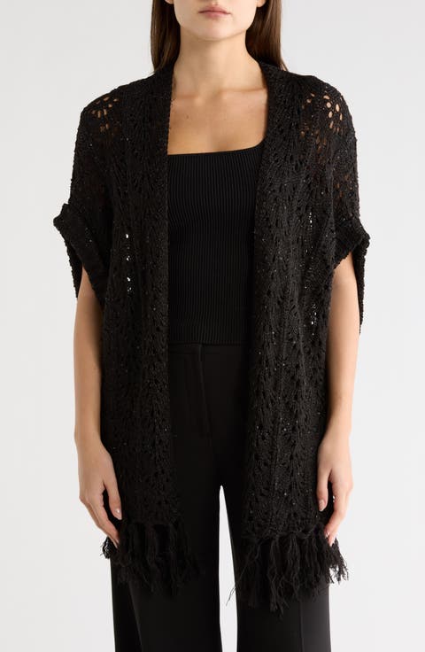 Sequin Open Knit Fringe Trim Shawl