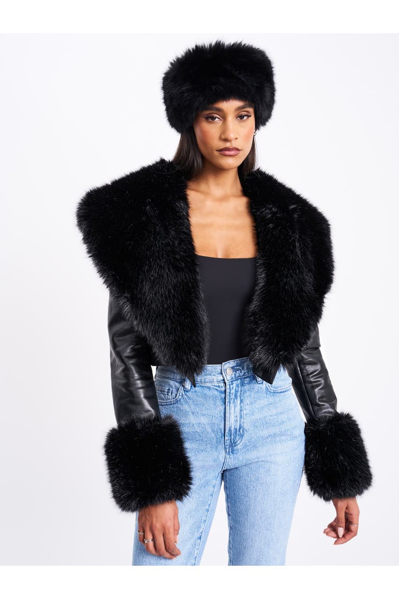 Ziah Cropped Leather Jacket with Fur Collar, Alternate, color, Black