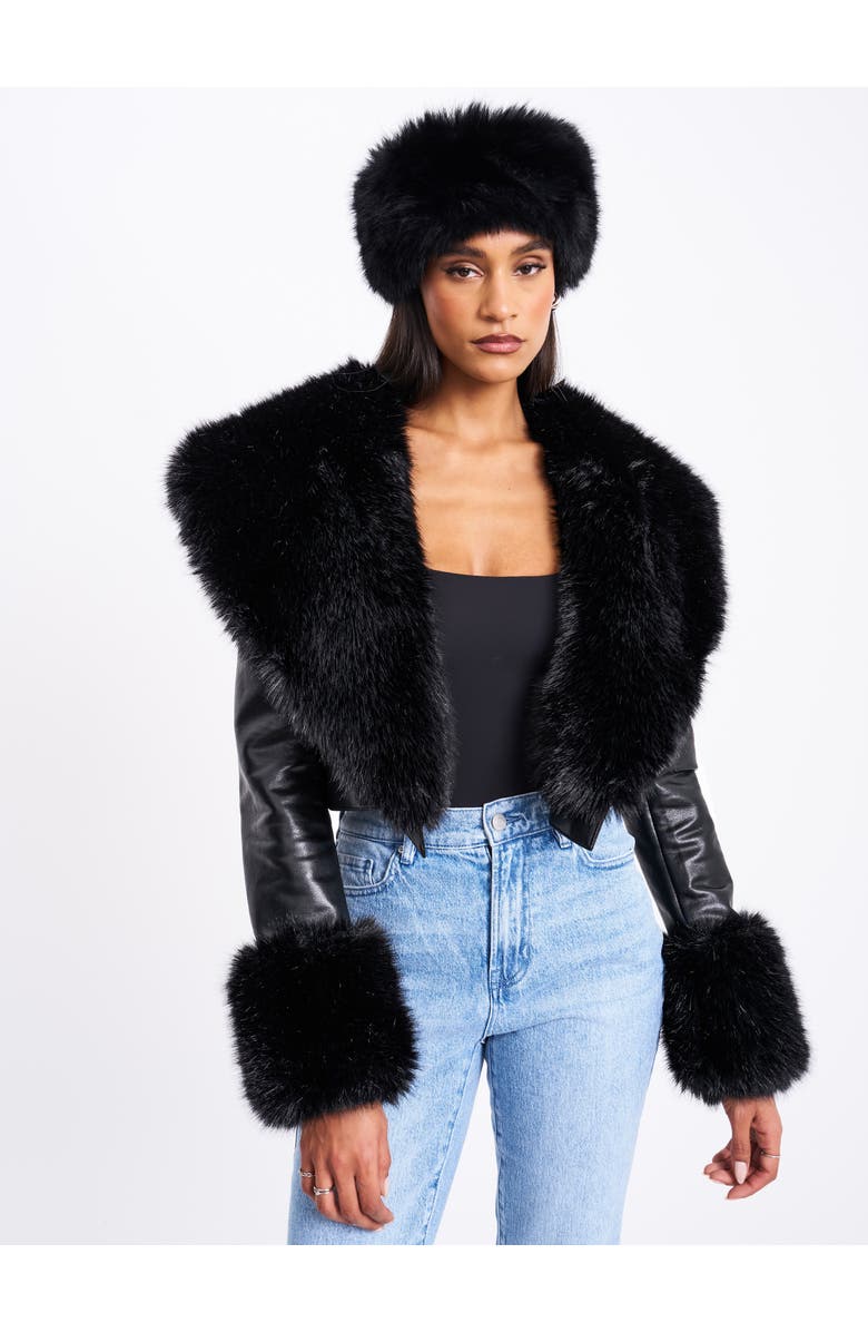 Miss Circle Ziah Cropped Leather Jacket with Fur Collar, Alternate, color, Black