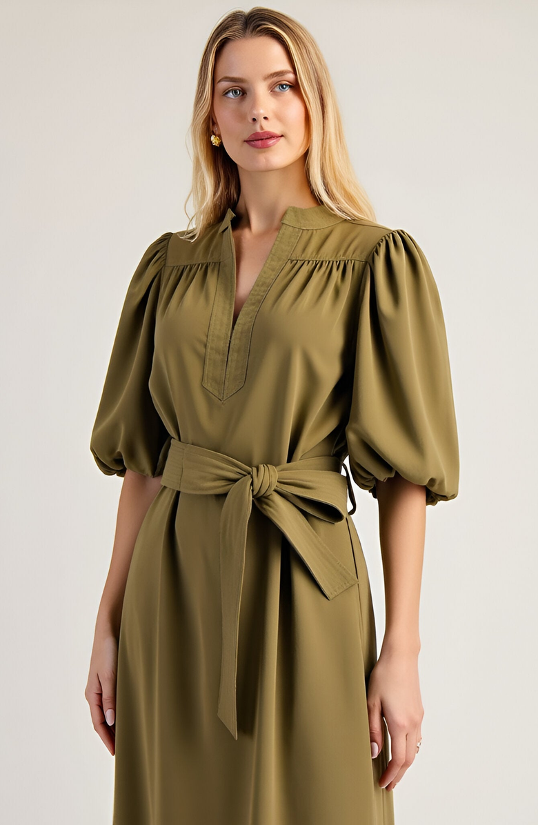 Modenaire Belted Midi Dress with Puff Elbow Sleeves and Keyhole Neckline, Alternate, color, Olive Green