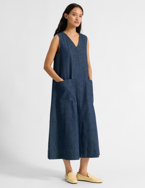 V Neck A Line Denim Dress
