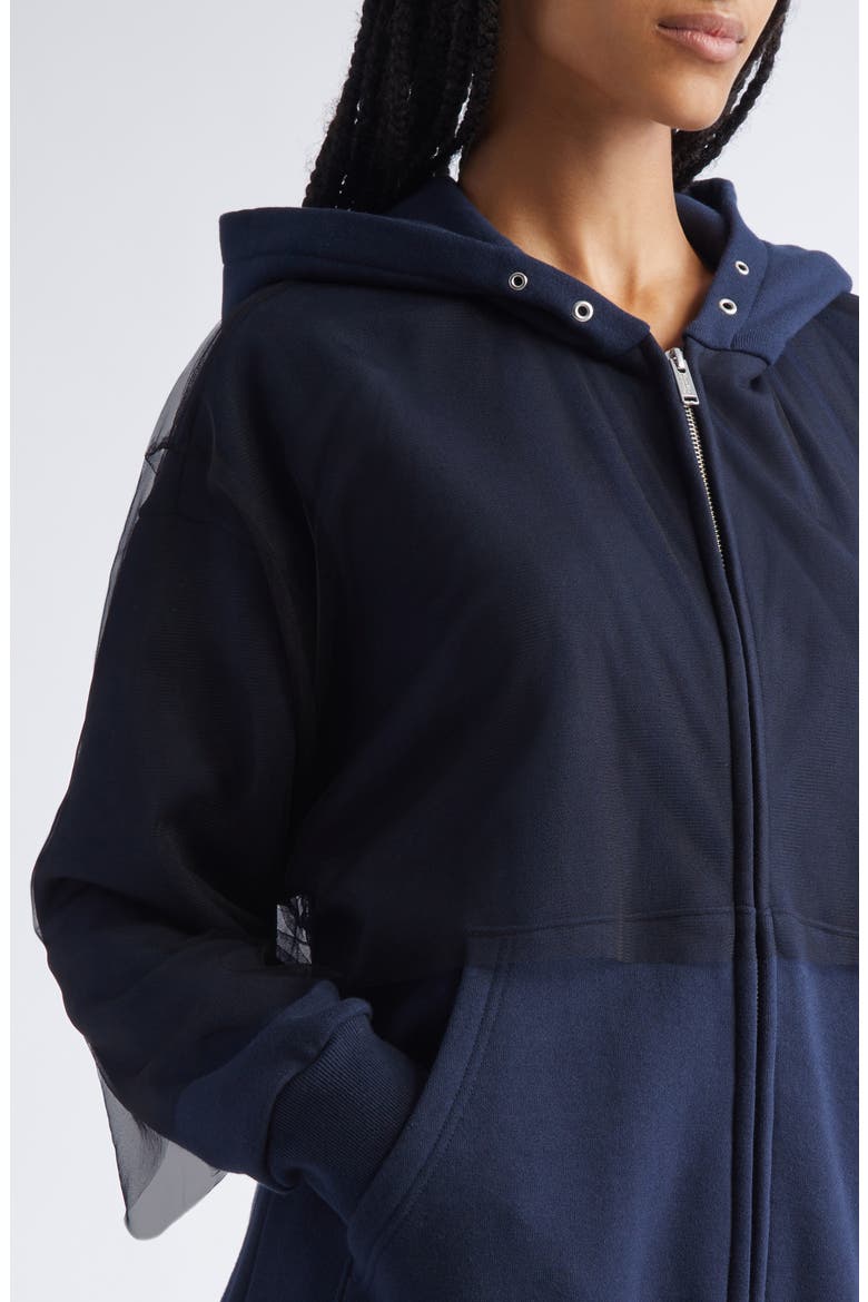 Tulle Overlay Oversize Cotton Fleece Zip-Up Hoodie, Alternate, color, NAVY