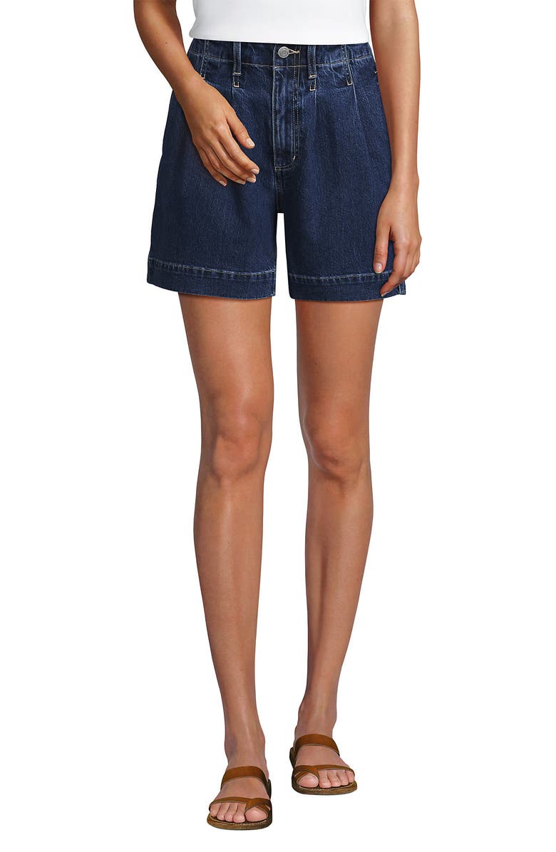 Lands' End Soft Denim High Rise 7" Pleated Trouser Shorts, Alternate, color, Crawford Wash