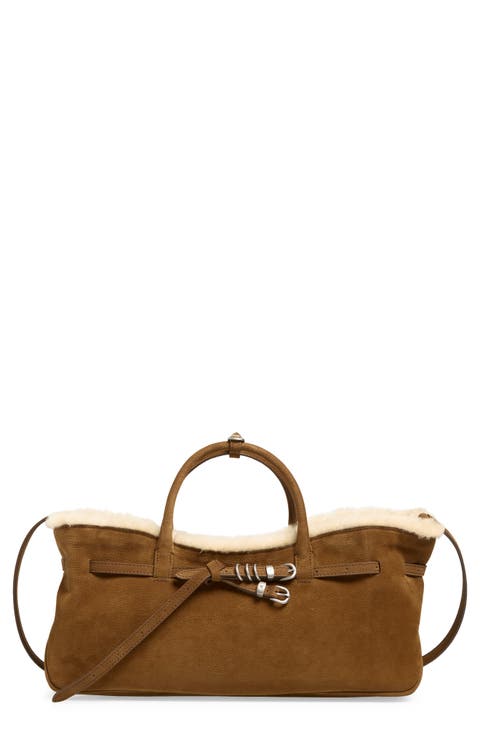 Grandma Genuine Shearling Trim Leather Shoulder Bag