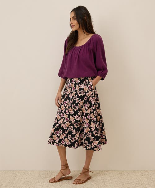 Pact Organic Cotton Fit & Flare Midi Skirt In Scattered Posies Black