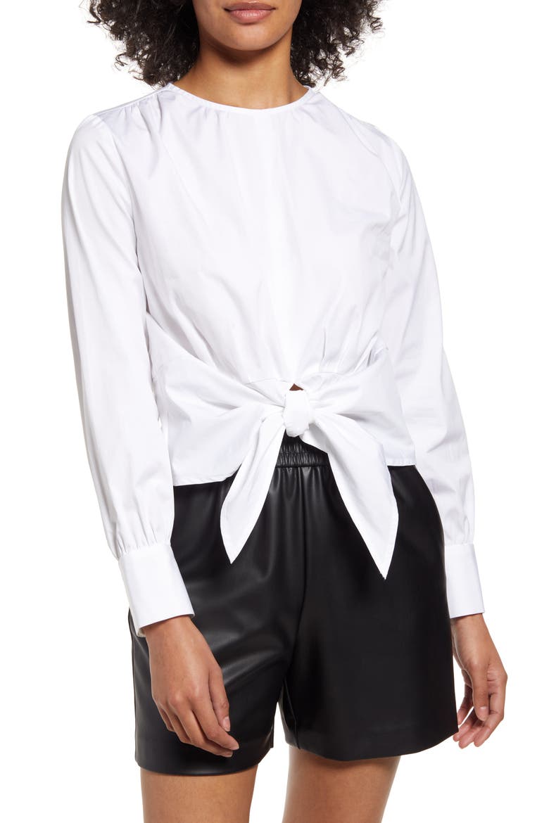 Tie Waist Poplin Top, Main, color, WHITE