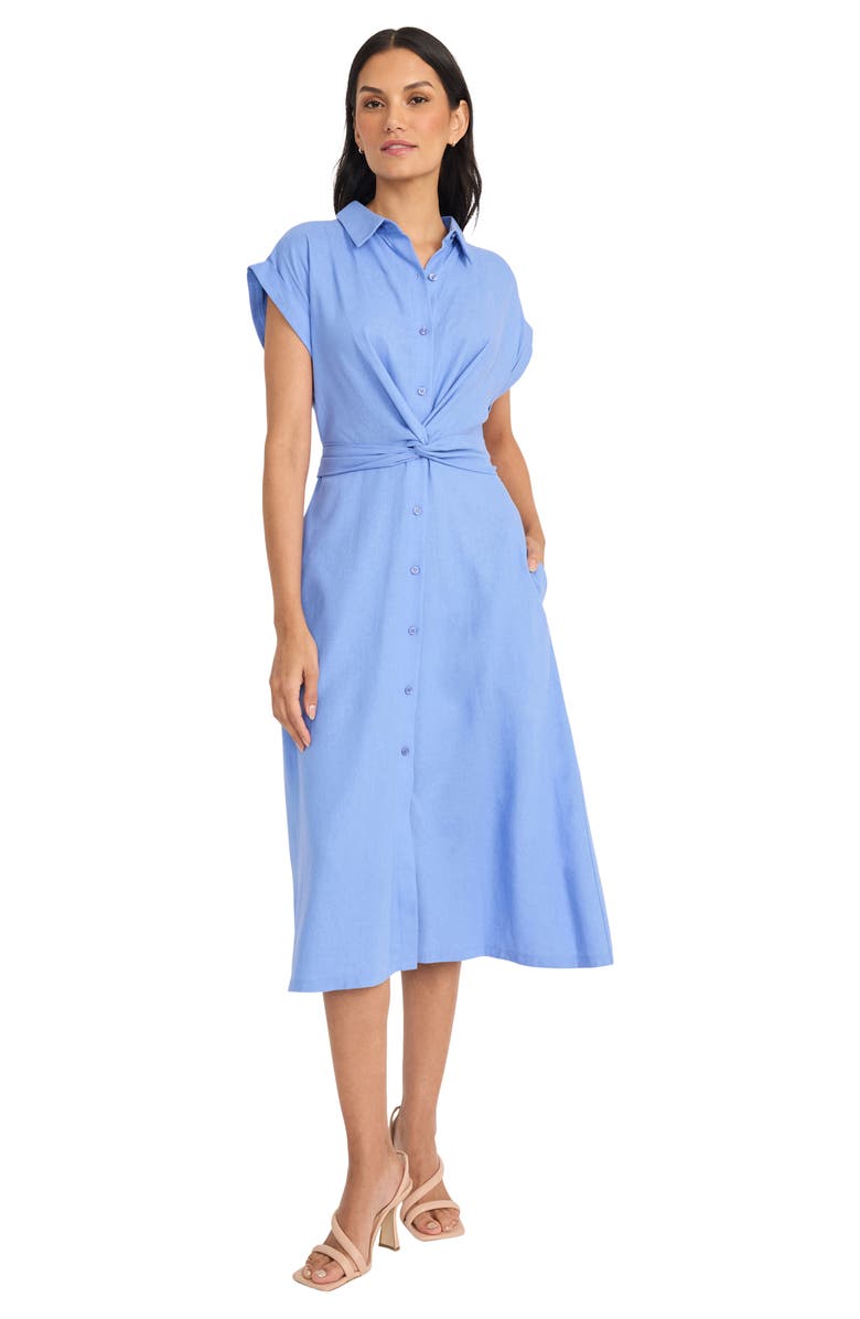 Maggy London Twist Front Short Sleeve Linen Blend Shirtdress, Alternate, color, Blue Bonnet