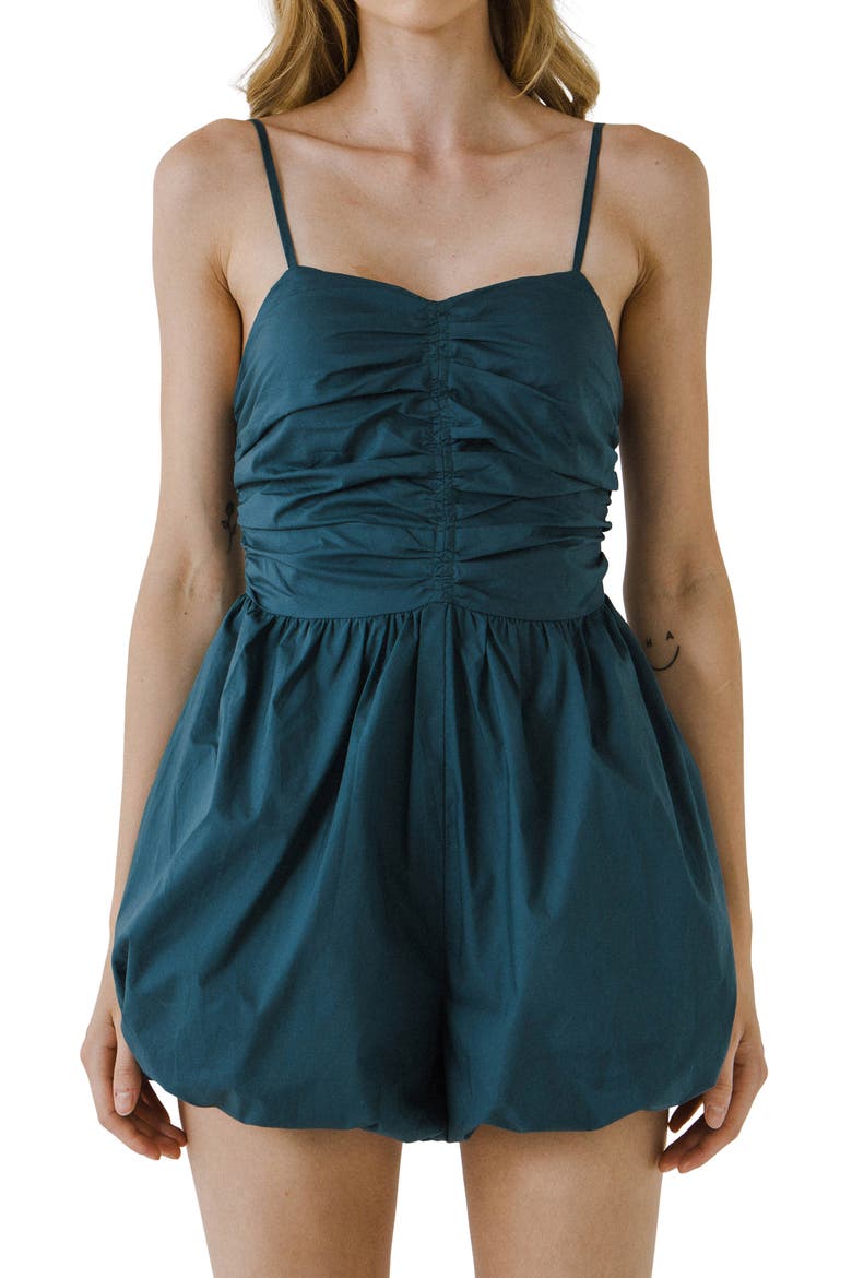 Shirred Blouson Cotton Romper, Alternate, color, EMERALD