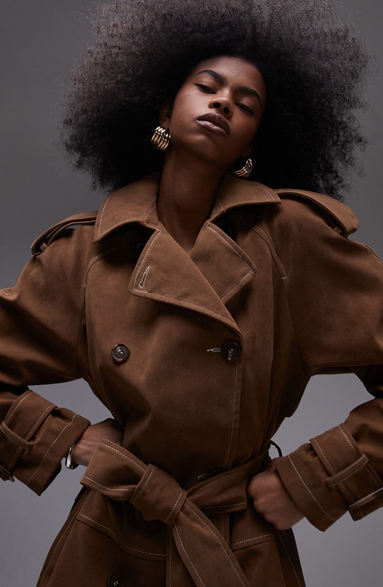 Topshop Oversize Faux Suede Trench Coat, Alternate, color, 
