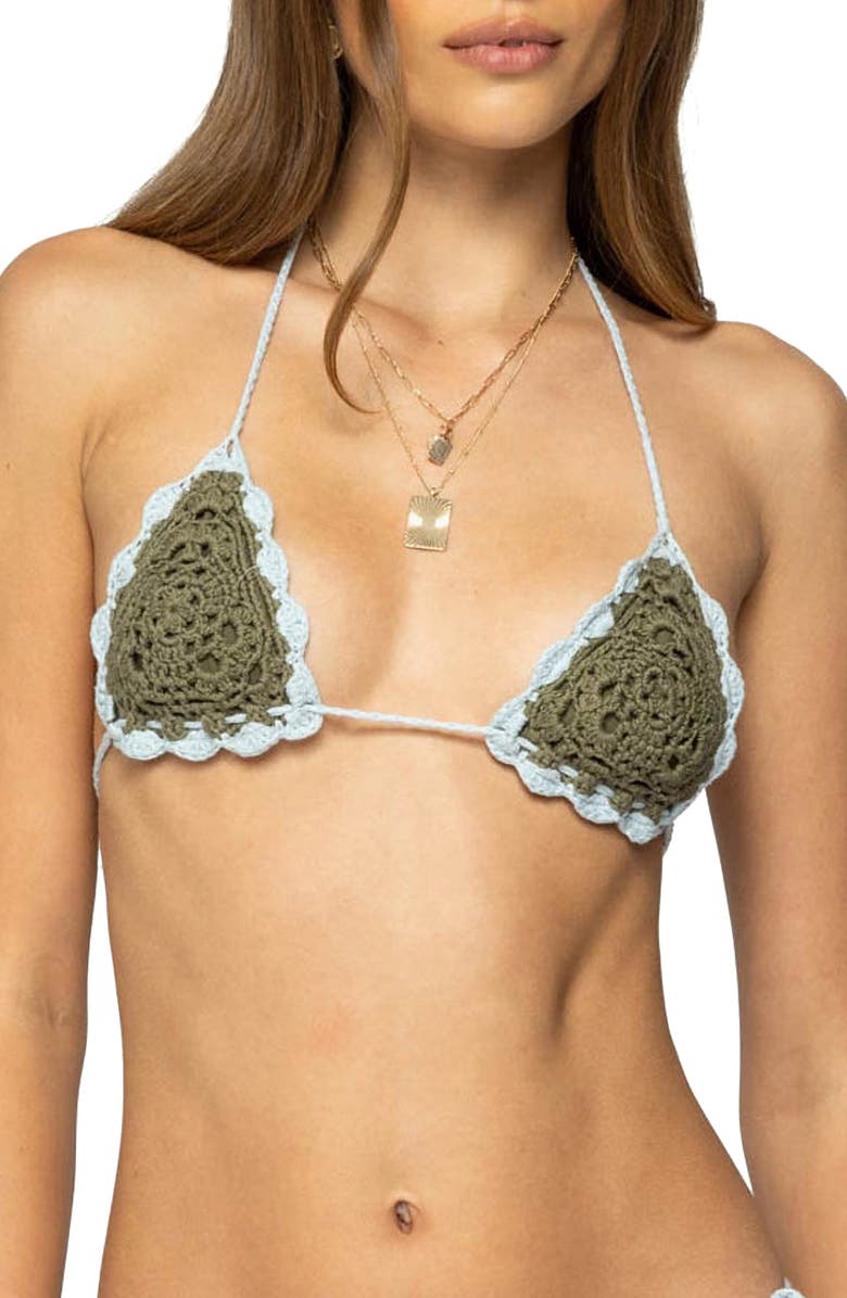 EDIKTED Crochet Triangle Bikini Top, Main, color, Green