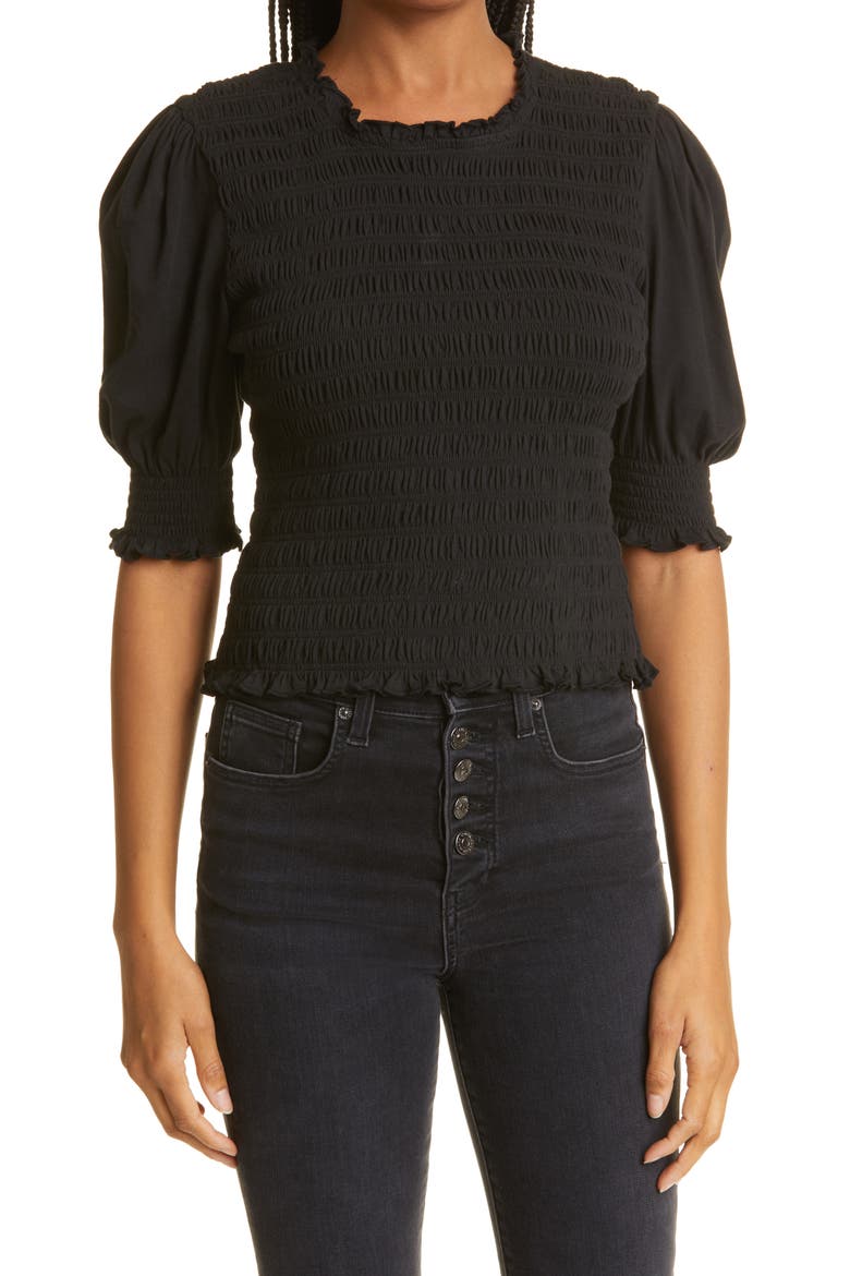 Langston Smocked Puff Sleeve Top, Main, color, BLACK