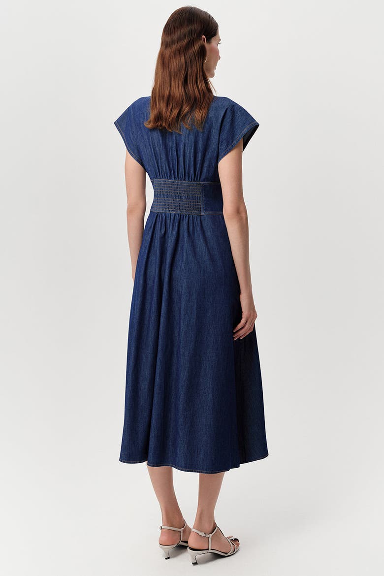 Evan Dropped Short Sleeve Fitted Midi Denim Dress, Alternate, color, Blue