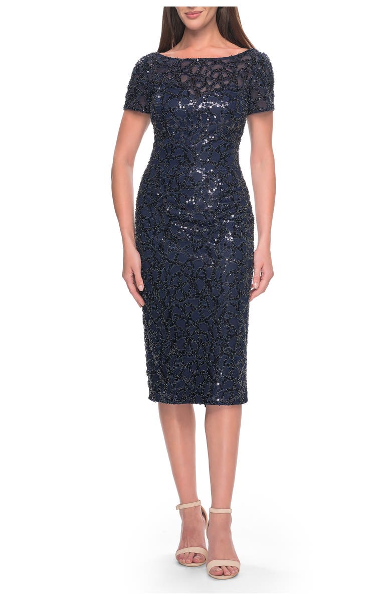 La Femme Short Evening Dress with Intricate Beaded Sequin Design, Main, color, Navy