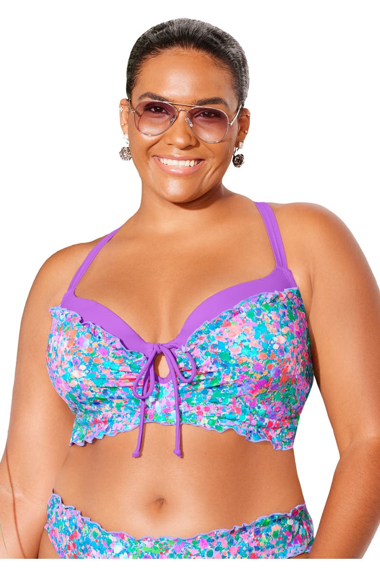 Longline Bra Sized Lettuce Trim Bikini Top, Main, color, Multi Tiny Abstract