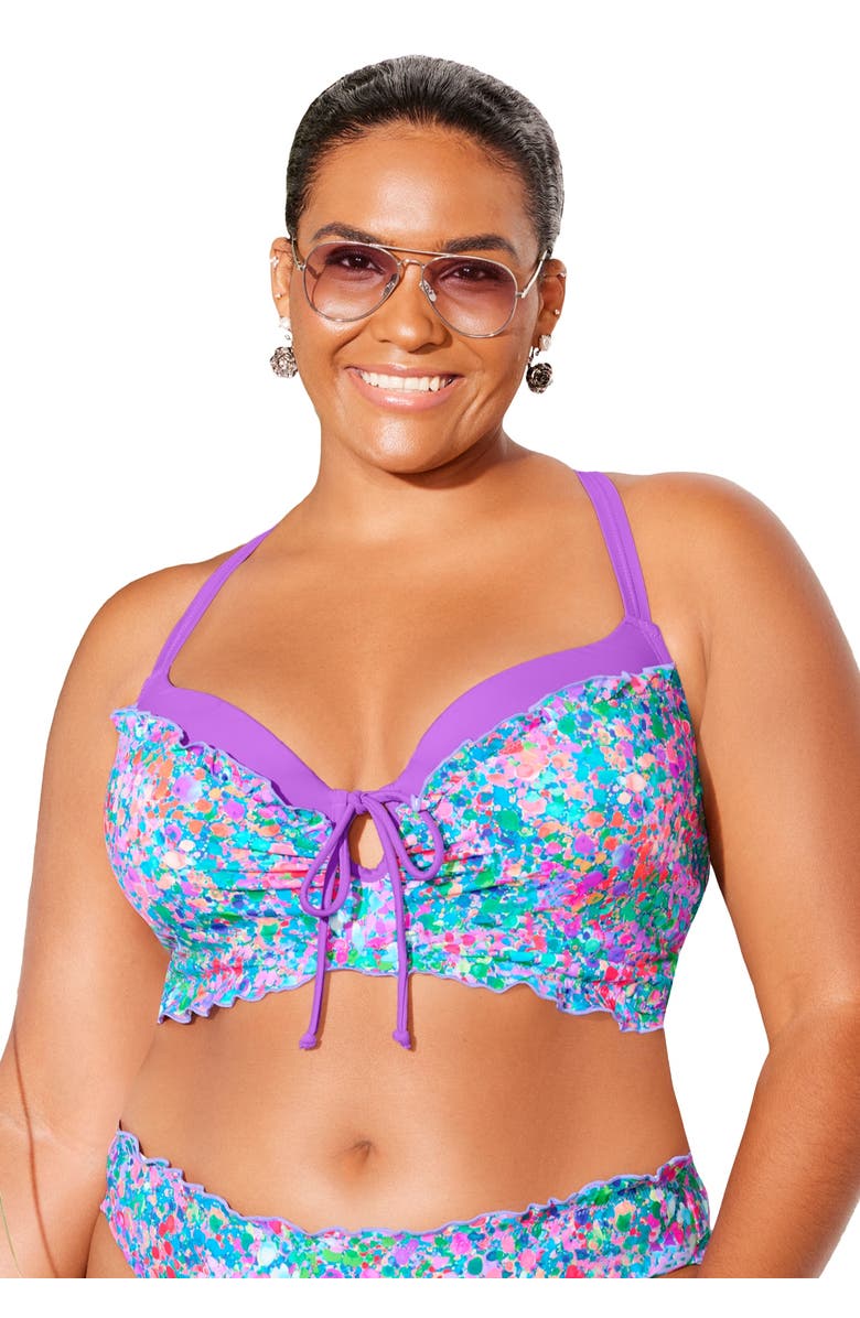 Swimsuits for All Longline Bra Sized Lettuce Trim Bikini Top, Main, color, Multi Tiny Abstract
