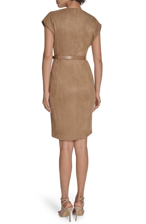 Calvin Klein Cap Sleeve Belted Faux Suede Sheath Dress In Brown