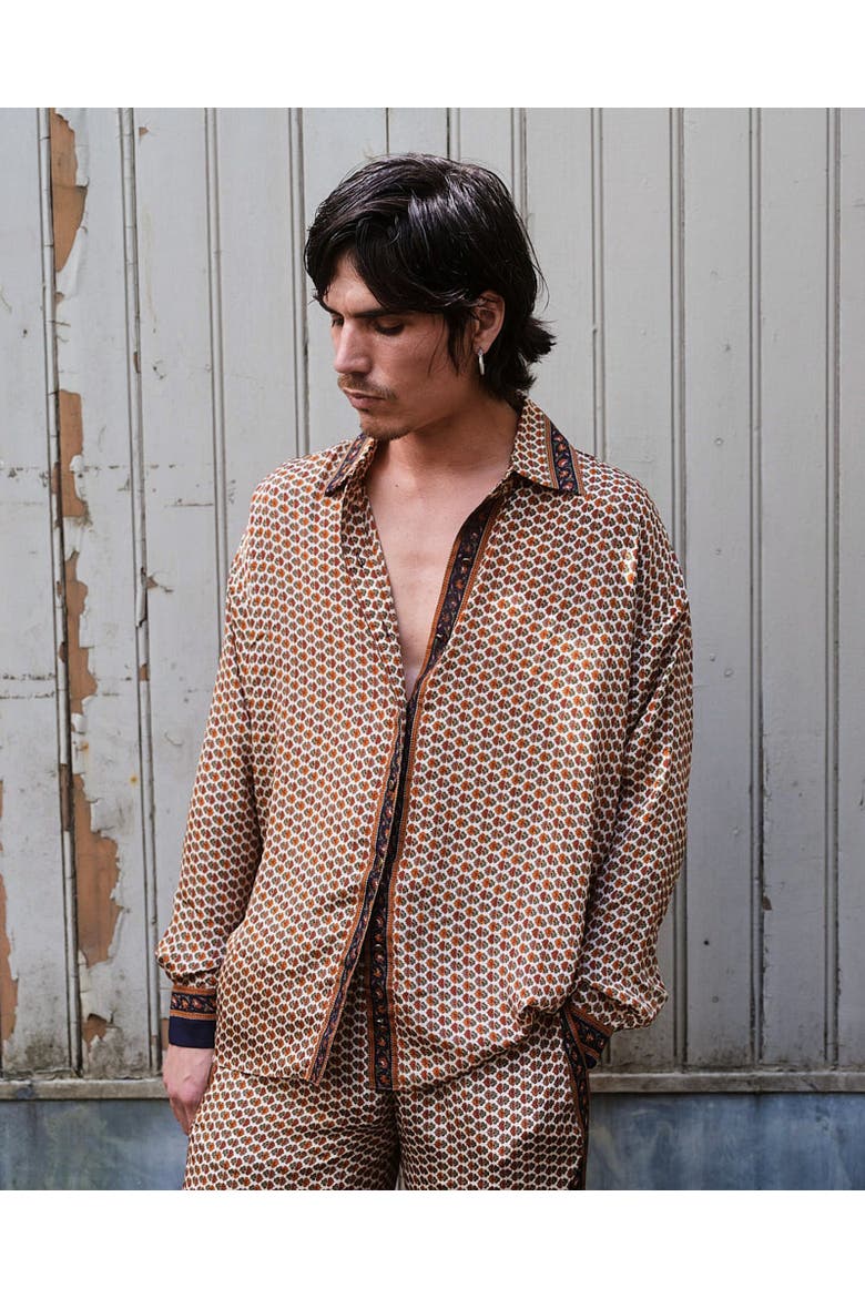 Embossed Botanical Long Sleeve Crepe Shirt, Alternate, color, Copper blue
