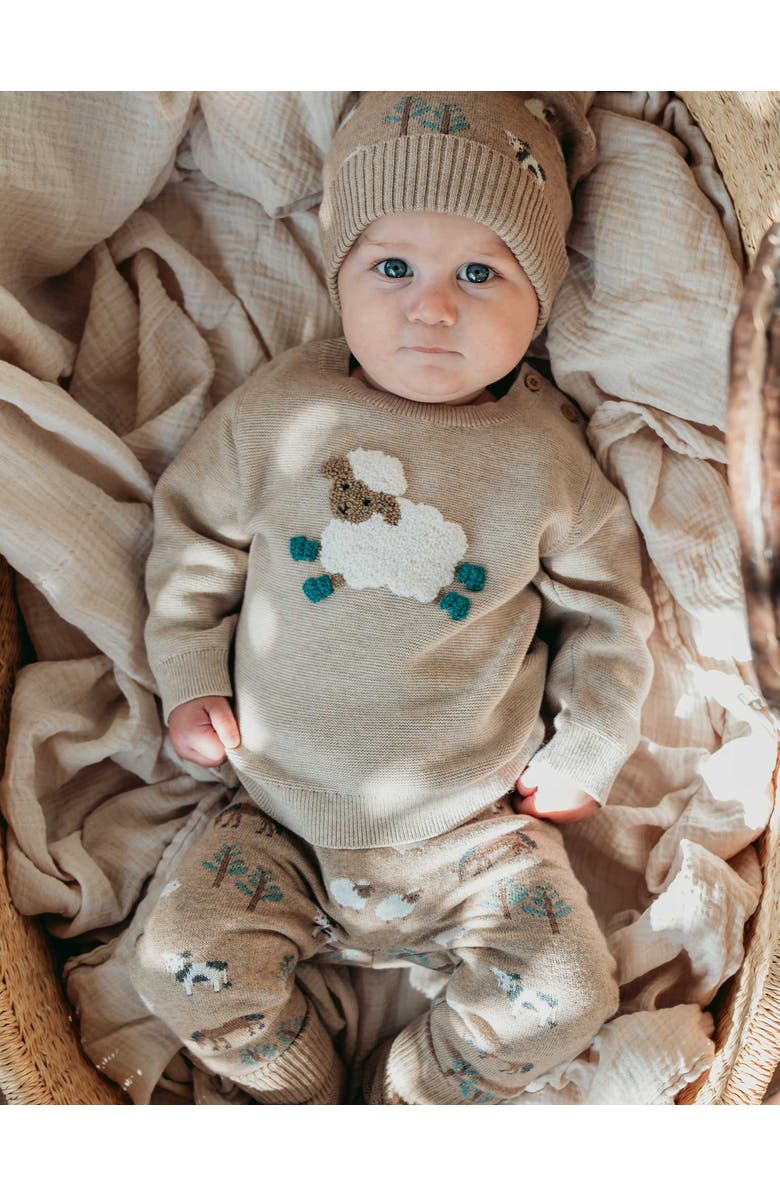 Purebaby On The Farm Knit Sweater, Alternate, color, Almond Melange Wheat Sheep