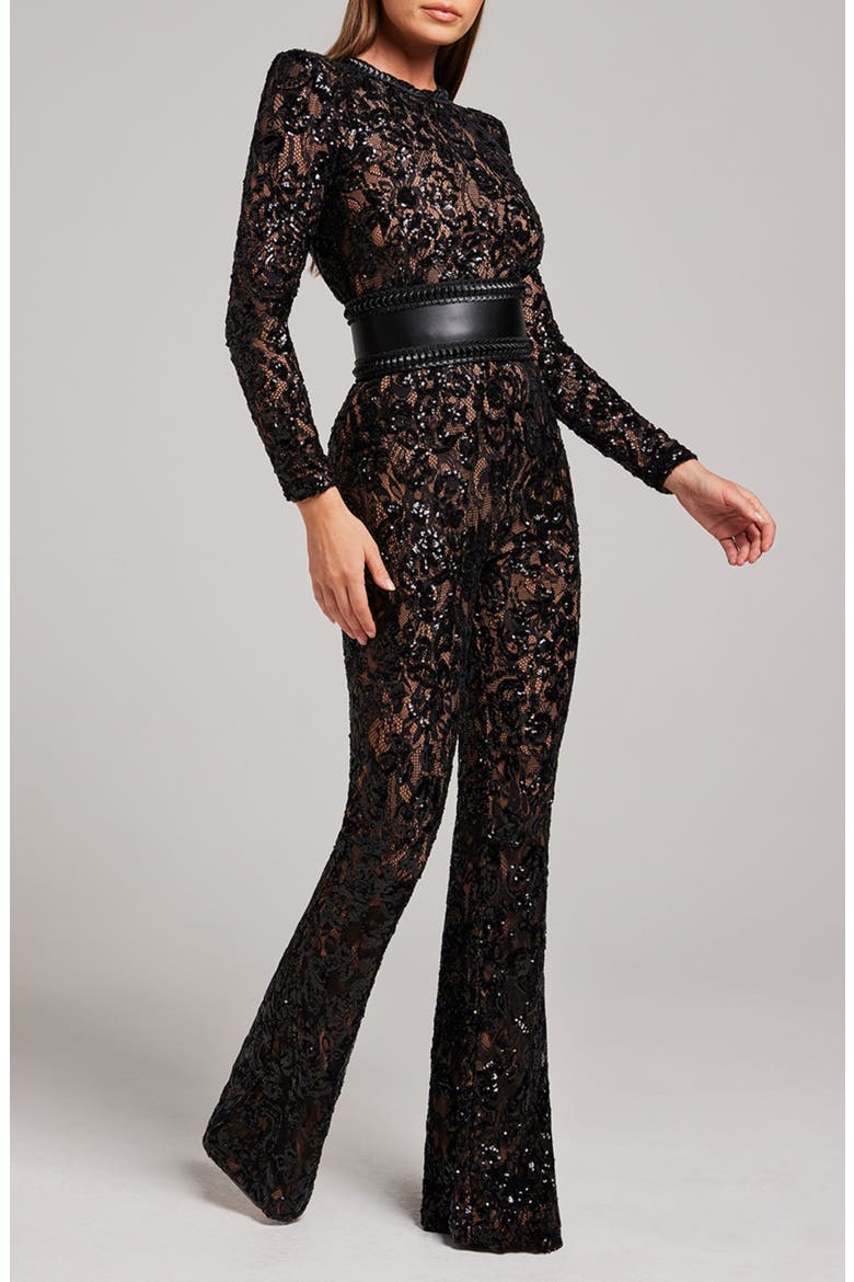 Bella Long Sleeve Beaded Lace Jumpsuit, Alternate, color, BLACK