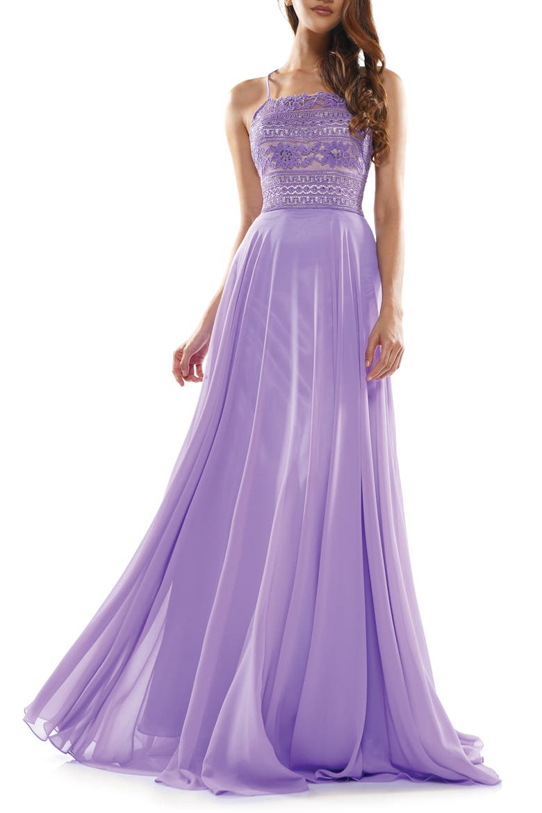 Lace Strappy Back Chiffon Gown, Main, color, LILAC