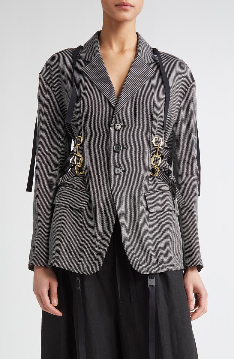 Undercover Buckled Strap Pinstripe Single Breasted Silk & Paper Blazer, Main, color,