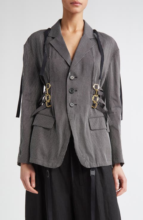 Buckled Strap Pinstripe Single Breasted Silk & Paper Blazer