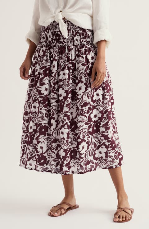 Rosemary Floral Organic Cotton Smocked Waist Midi Skirt