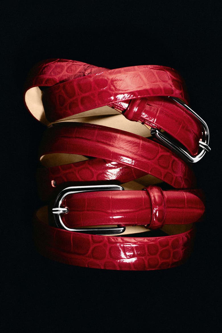 Croc-effect Leather Belt, Alternate, color, RED / CROC-EFFECT