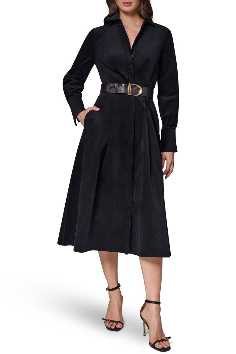 Belted Corduroy Midi Shirtdress, Main, color, BLACK
