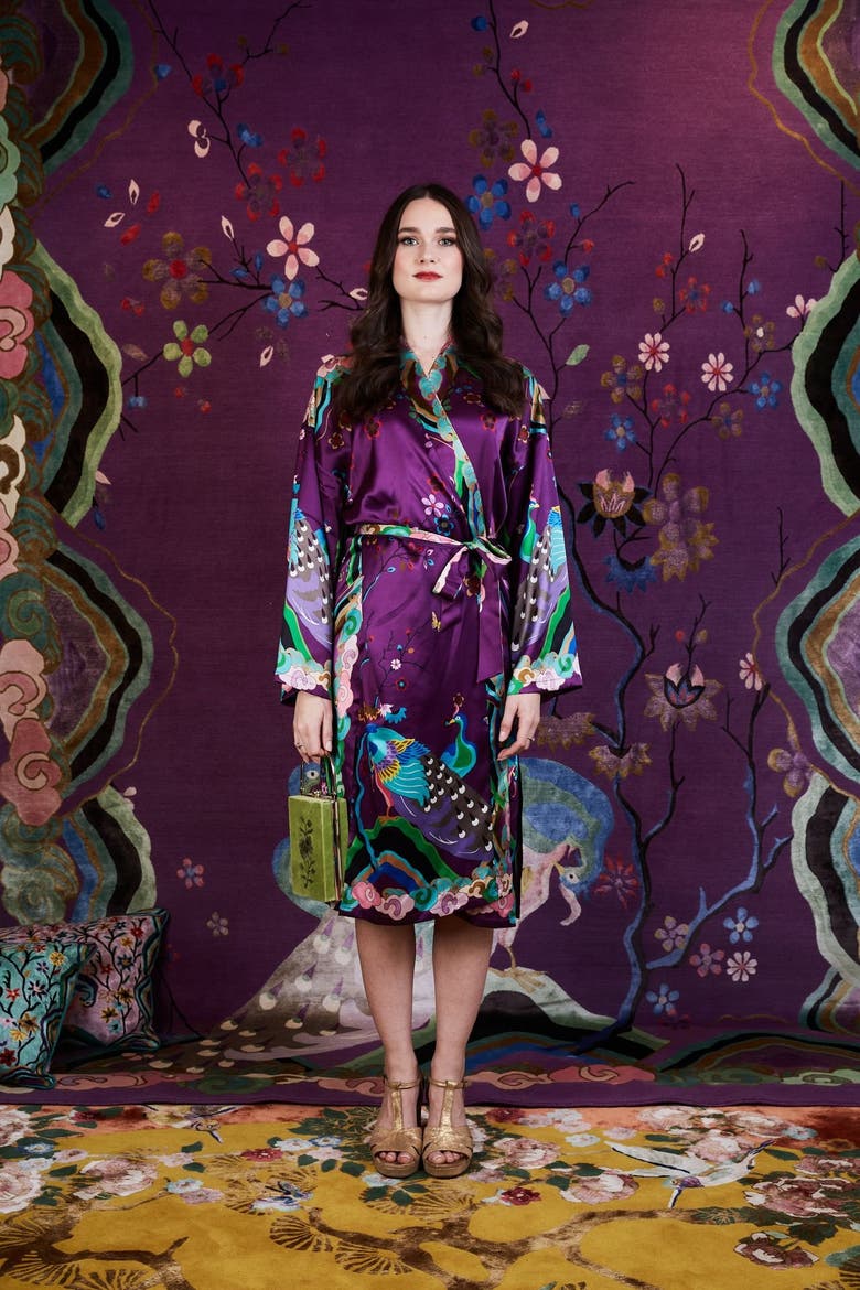 Wendy Morrison x Skylence Kujaku Peacock Silk Robe, Alternate, color, Purple