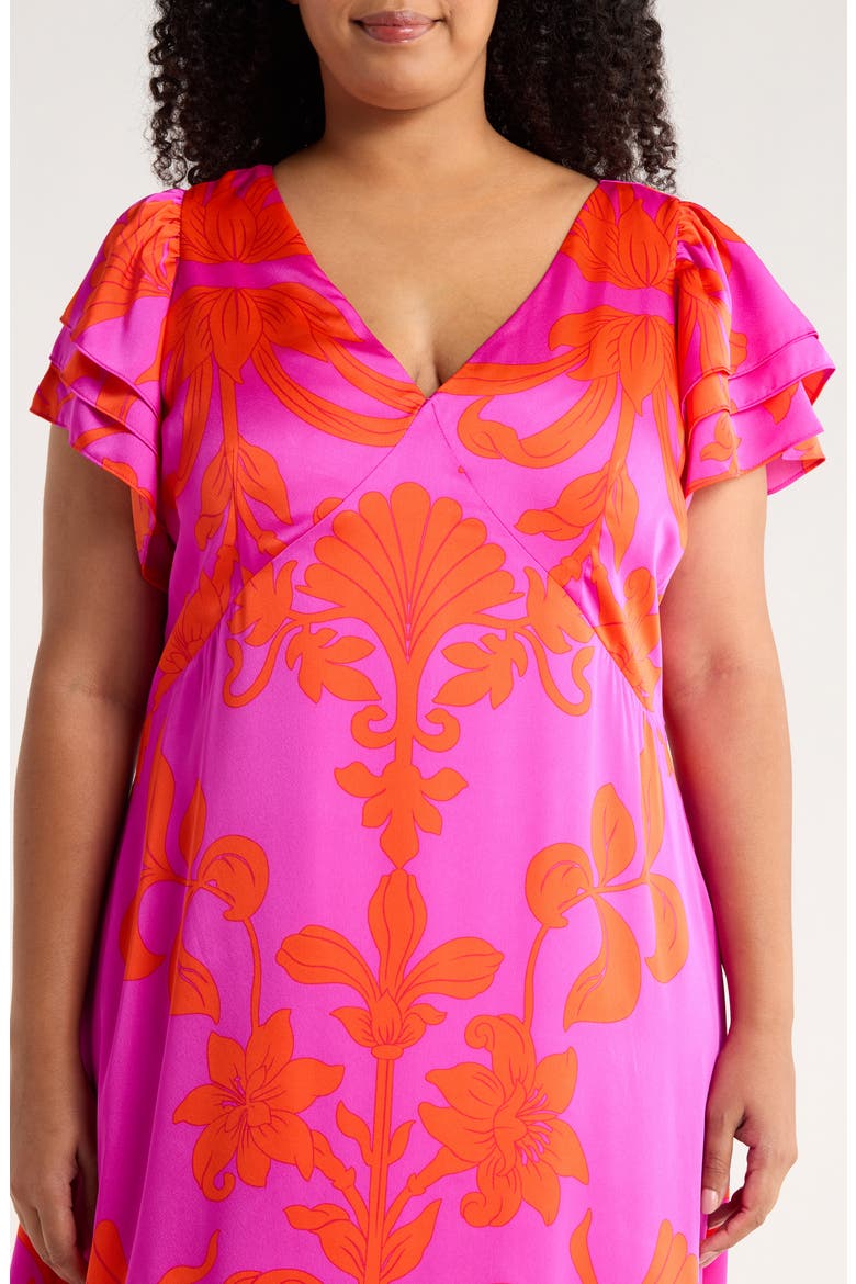 Vallie Floral Flutter Sleeve Satin Maxi Dress, Alternate, color, MAGENTA-MUL