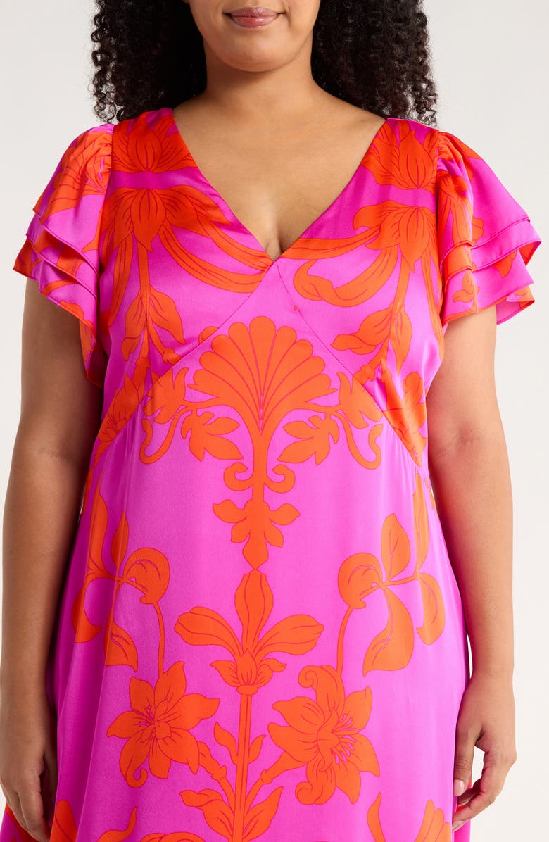 SUGARLIPS Vallie Floral Flutter Sleeve Satin Maxi Dress, Alternate, color, Magenta-Mul