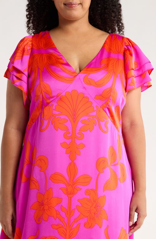 Sugarlips Vallie Floral Flutter Sleeve Satin Maxi Dress In Pink
