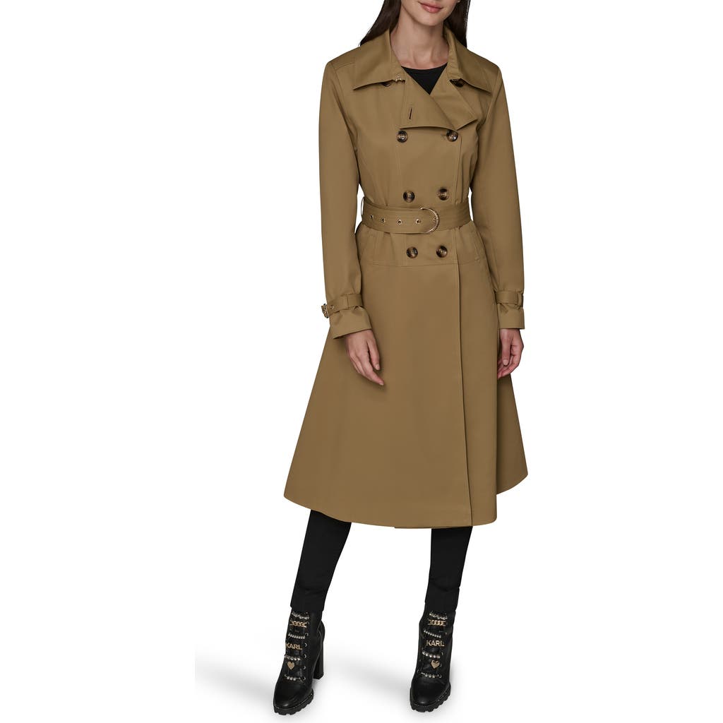Karl Lagerfeld Paris Double Breasted Skirted Trench Coat In Green