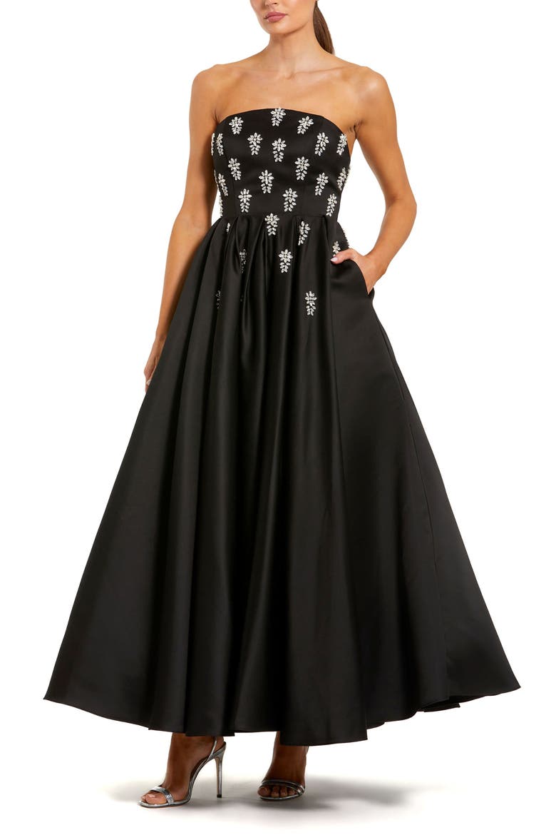 Crystal Embellished Strapless Satin A-Line Dress, Main, color, Black