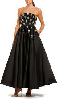Mac Duggal Crystal Embellished Strapless Satin A-Line Dress