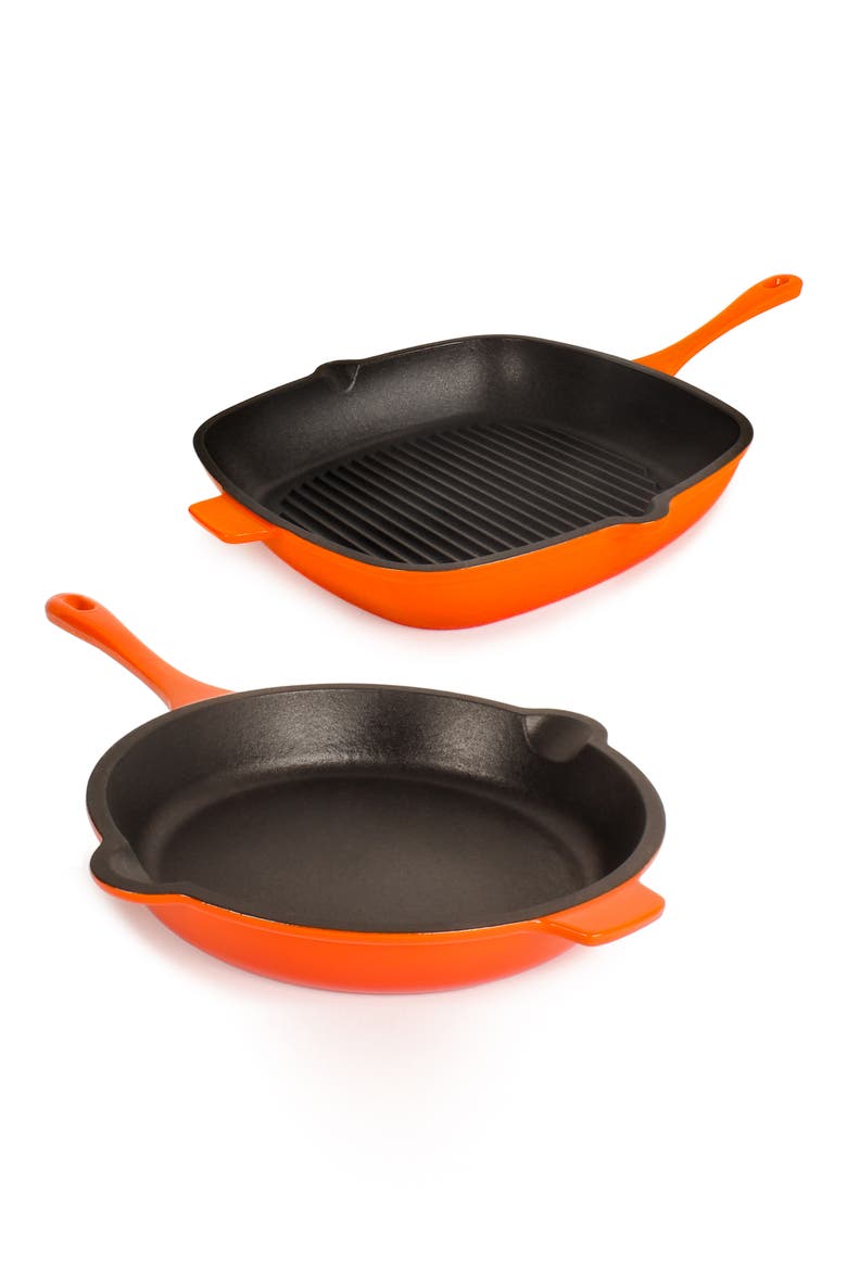 Neo 2-Piece Cast Iron Fry Pan & Grill Pan Set, Main, color, ORANGE