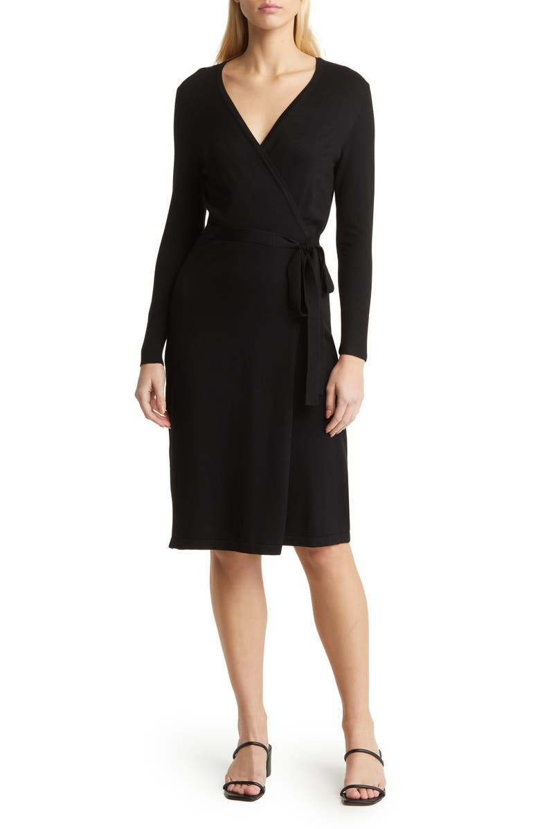 Anne Klein Long Sleeve Faux Wrap Sweater Dress, Main, color, 