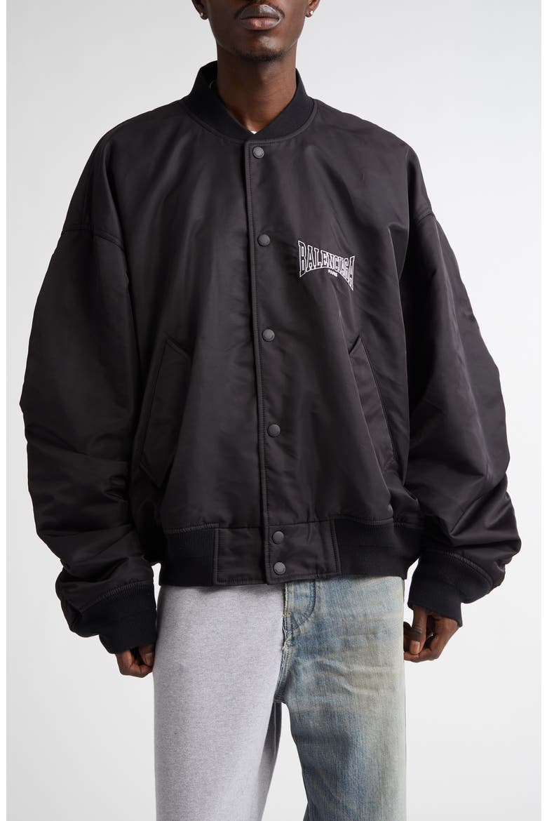 Oversize Nylon Varsity Jacket, Main, color, BLACK