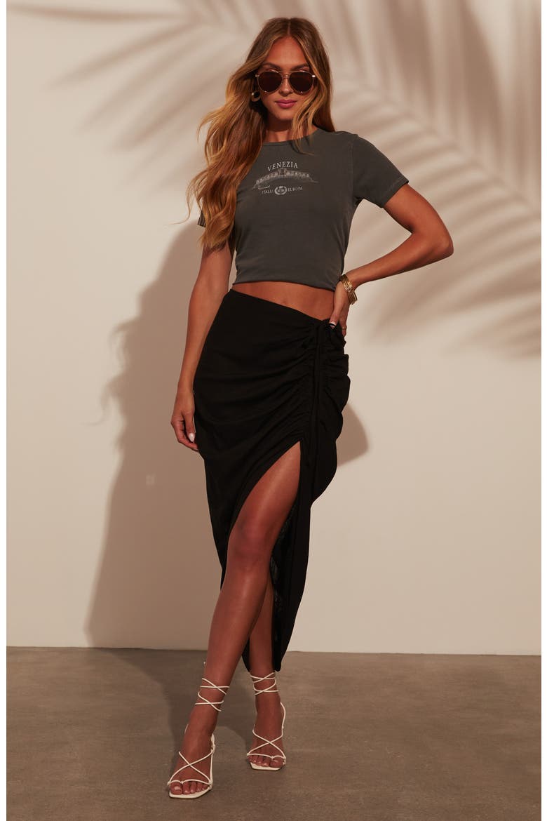Nicoletta Ruched Midi Skirt, Alternate, color, BLACK