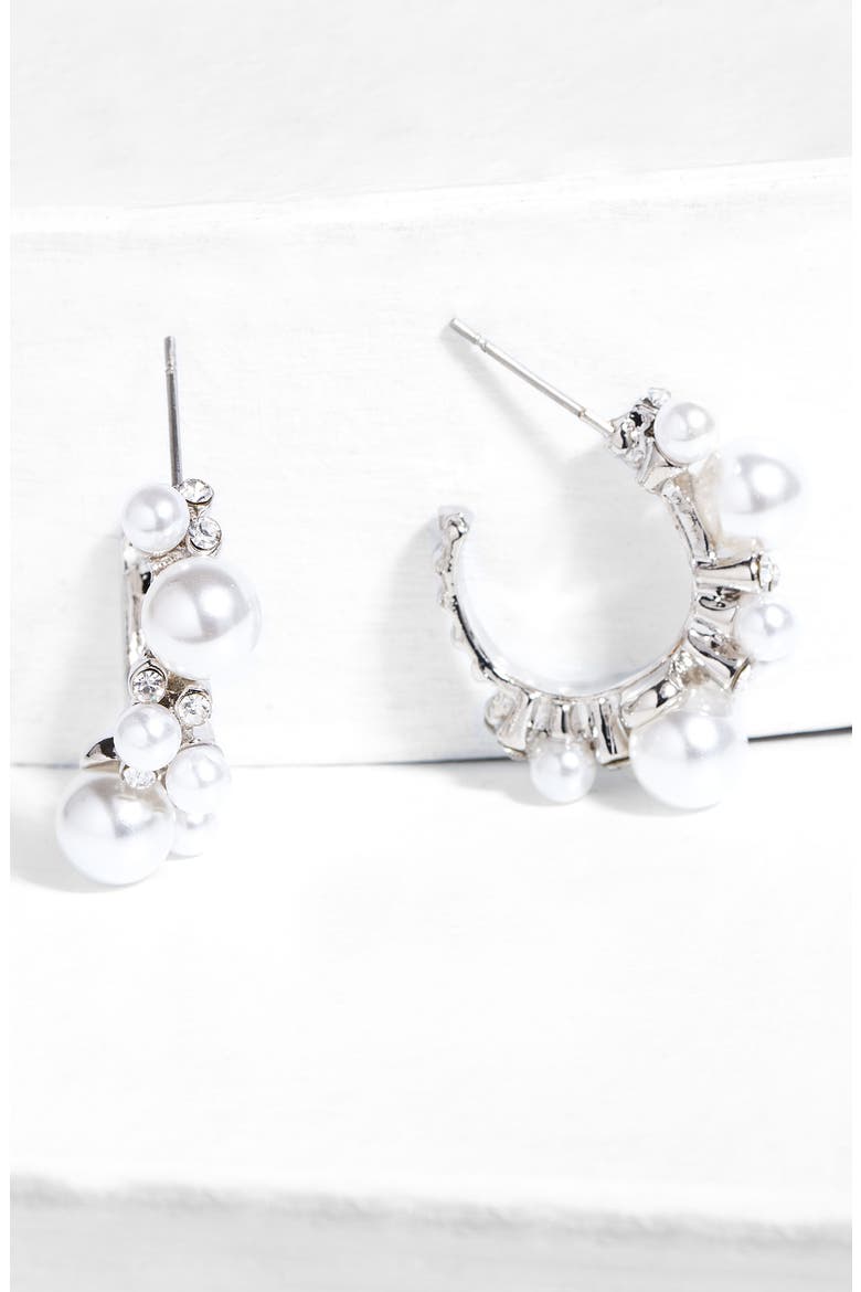 Mixed Pearl & Crystal Hoop Earrings, Alternate, color, SILVER