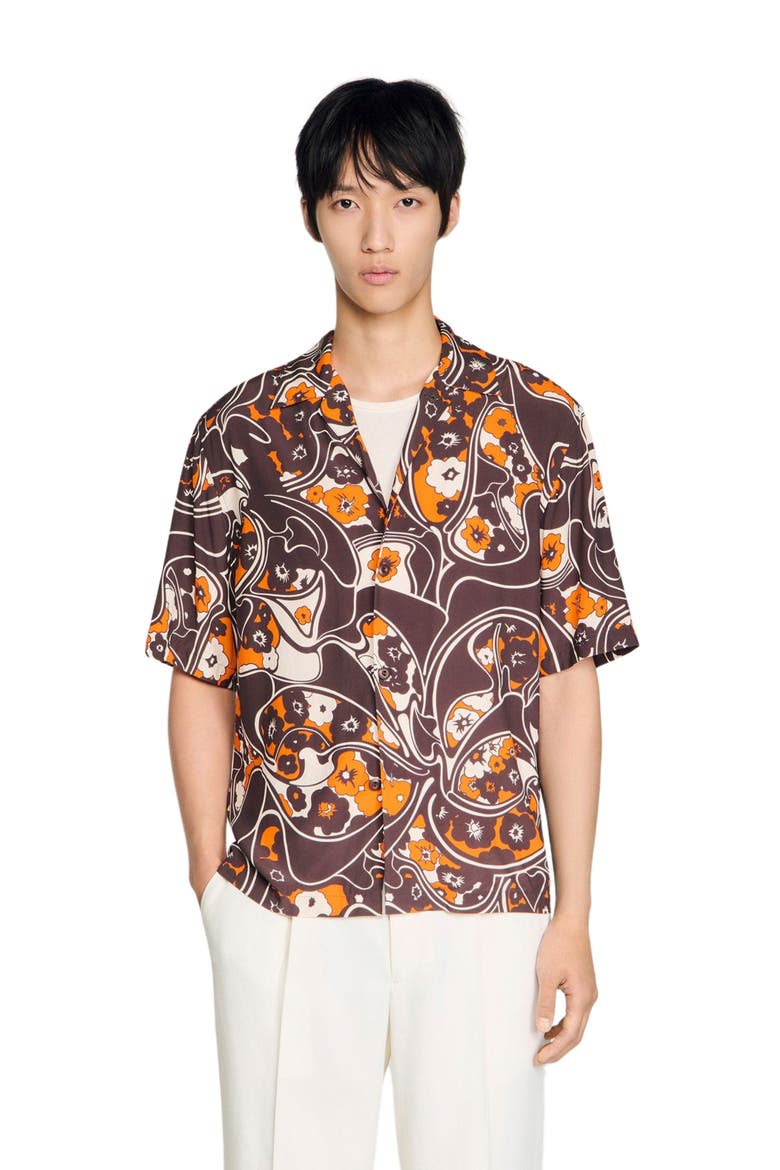 Loose-fit print shark collar shirt, Alternate, color, Black brown