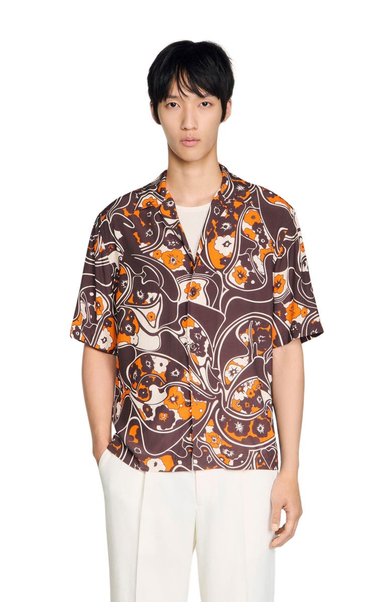 SANDRO Loose-fit print shark collar shirt, Alternate, color, Black Brown