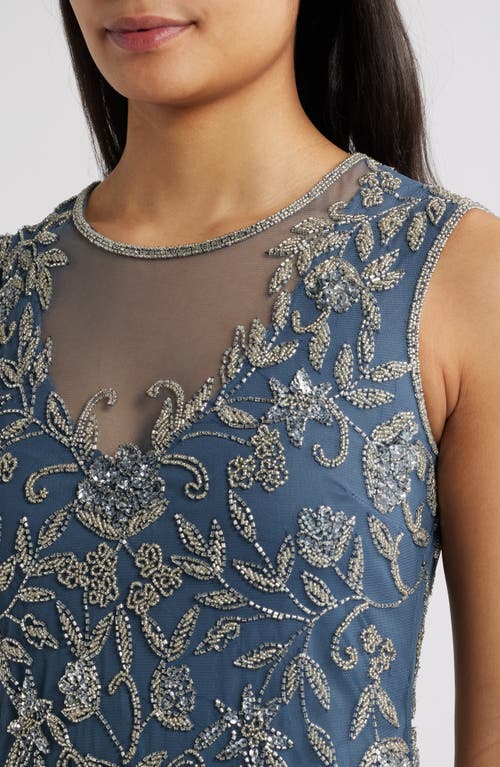 Pisarro Nights Beaded Floral Cocktail Midi Dress In Grey